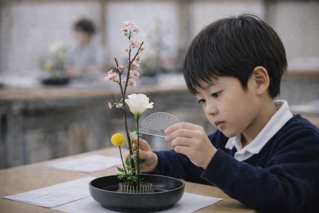 いけばな体験で分度器を使い角度を測る子ども(算数的思考を育てる教室)